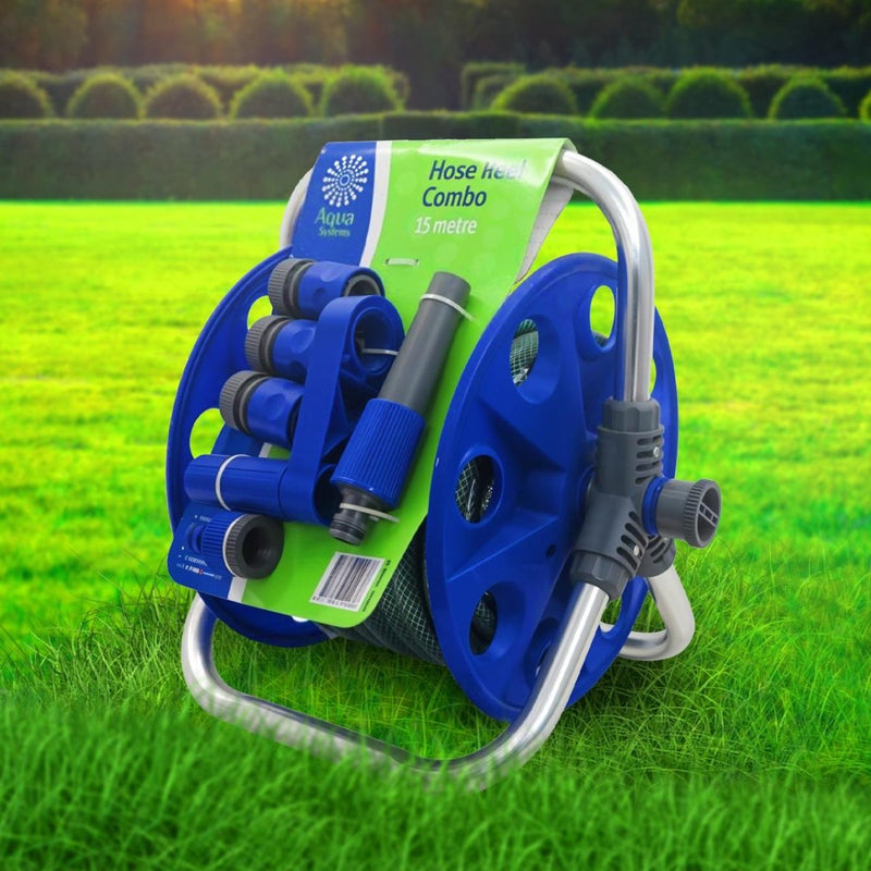 15 Metre Hose Reel Combo with Hose, Connectors & Sprinkler - Greensouq -