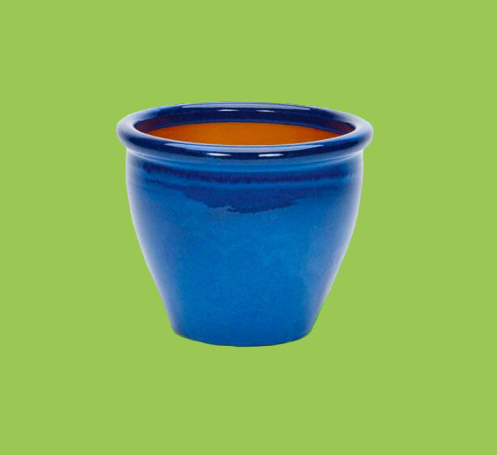 Blue Rolled Rim Pot Blue Outdoor Ceramic Pot, Trendy Outdoor Pot - Greensouq -