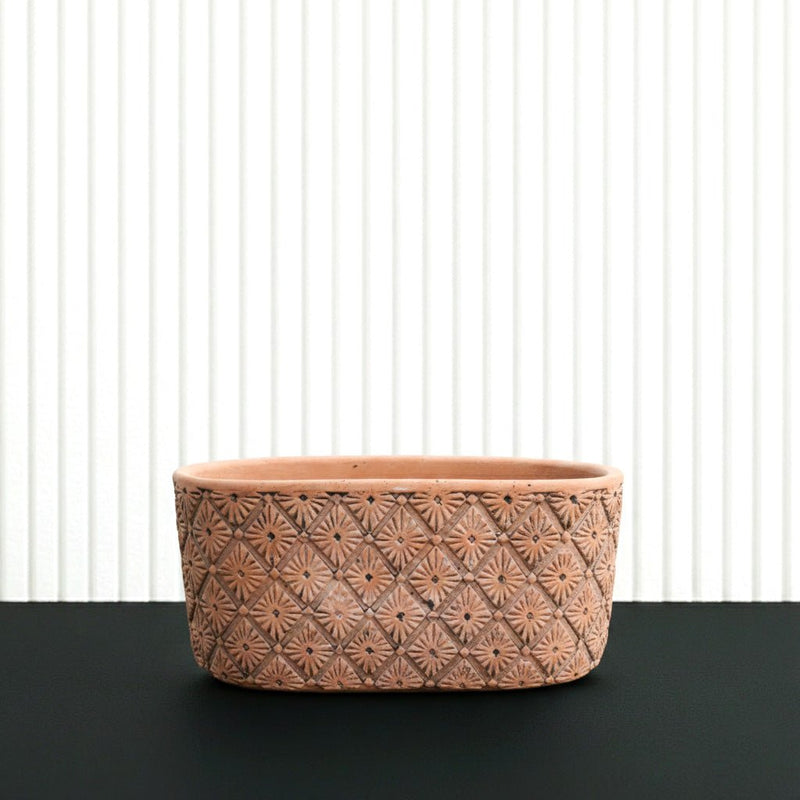 Geometric Diamond Patterned Oval Terracotta Planter - Rustic Clay Plant Pot - Length 26.5cm, Height 13cm) - Greensouq - 