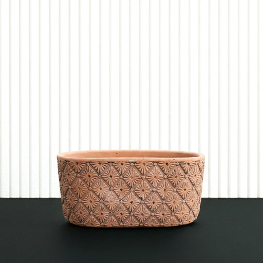 Geometric Diamond Patterned Oval Terracotta Planter - Rustic Clay Plant Pot - Length 26.5cm, Height 13cm) - Greensouq - 