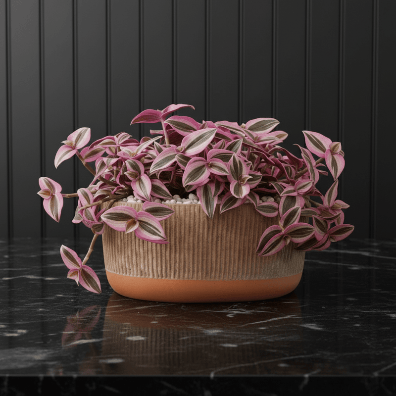 Vibrant Tradescantia 'Nanouk' Houseplant | Wandering Jew / Dude Pink & Green Trailing Vine in Modern Grooved Pot - Greensouq - 
