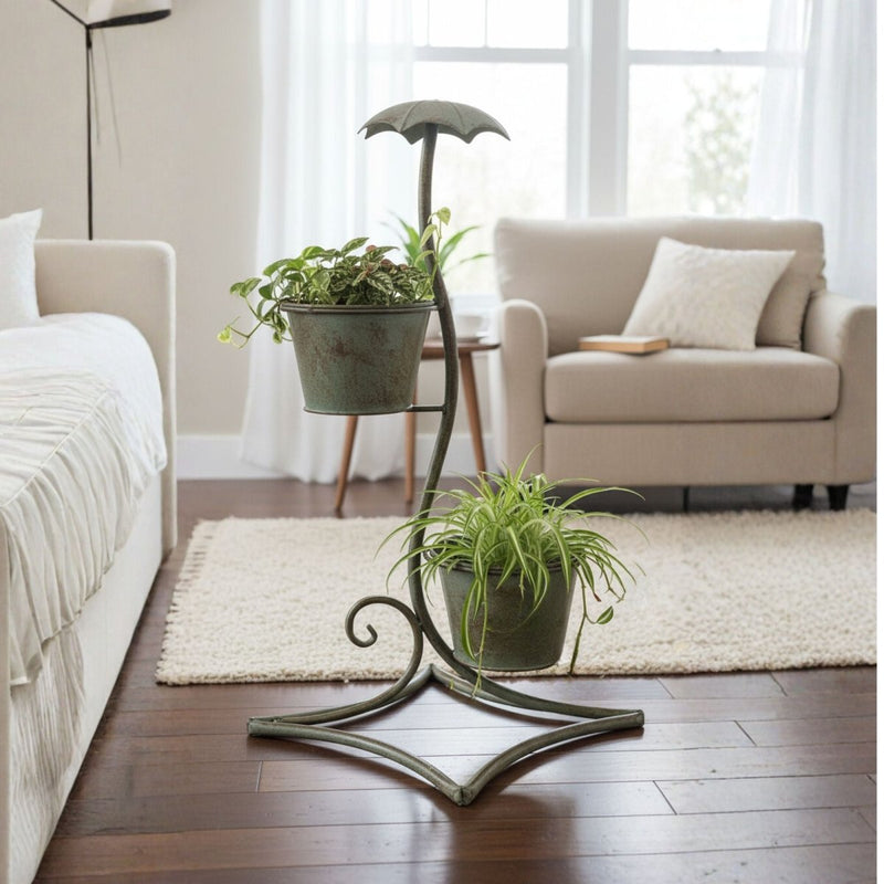 Vintage Metal Umbrella Plant Stand – Dual Tier Indoor Planter Holder (30x25x50cm) - Greensouq - 