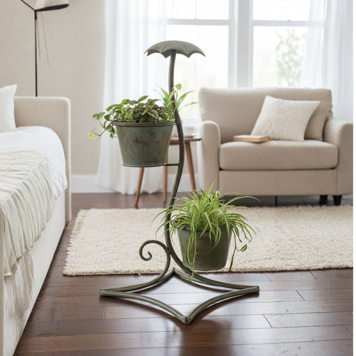Vintage Metal Umbrella Plant Stand – Dual Tier Indoor Planter Holder (30x25x50cm) - Greensouq - 